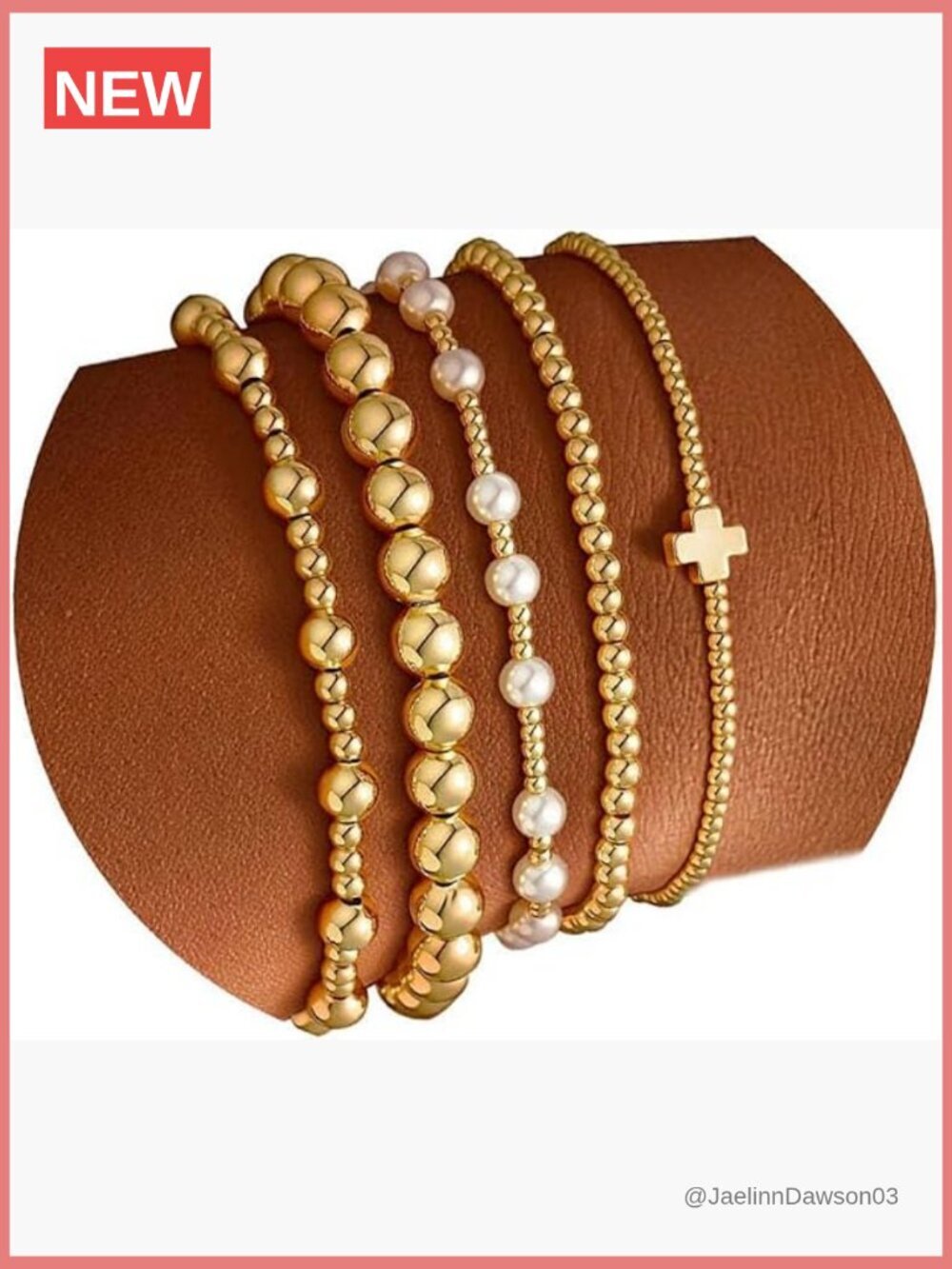 Dainty Gold Plated Beaded Pearl Cross Bracelet Stretch Stack Set